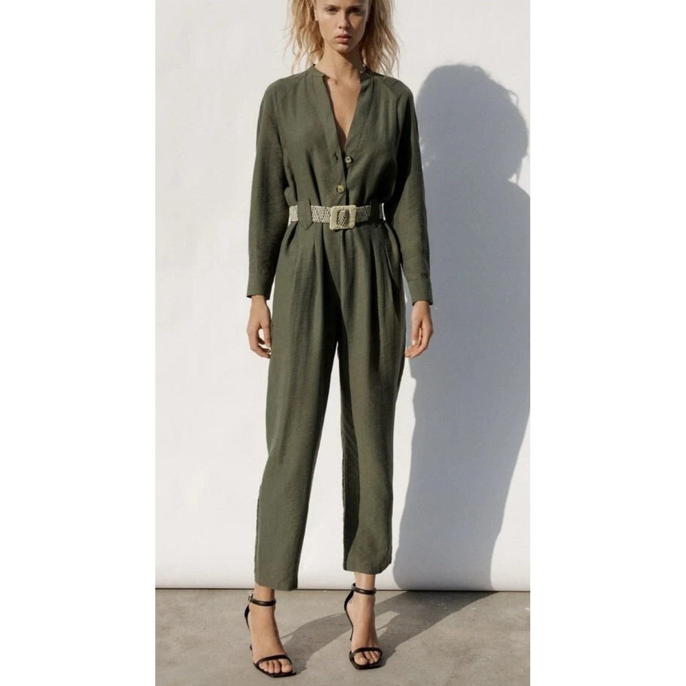 ZARA Olive Green Utility Jumpsuit Size M Button Front‎ Lyocell Tapered Legs